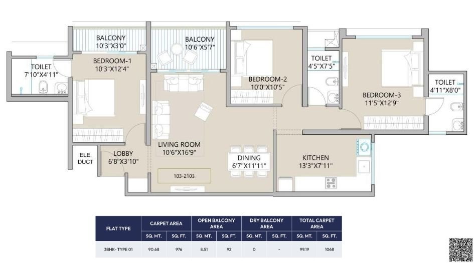 Sankla-West-World-Floor-Plan-3-BHK-1068 Sqft